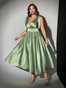 Viva Relle Plus Size Summer Elegant Solid Color Sleeveless Dress - Green - View 4