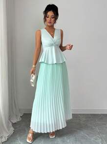 Breezaya 2pcs/Set Elegant Solid Color Twist Front Tank Top And Pleated Skirt, Summer - Mint Green - View 4