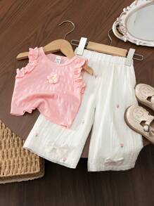 SHEIN 2 件女婴甜美花卉针织提花无袖上衣 + 刺绣阔腿裤套装，夏季 - 粉色 - 查看 1