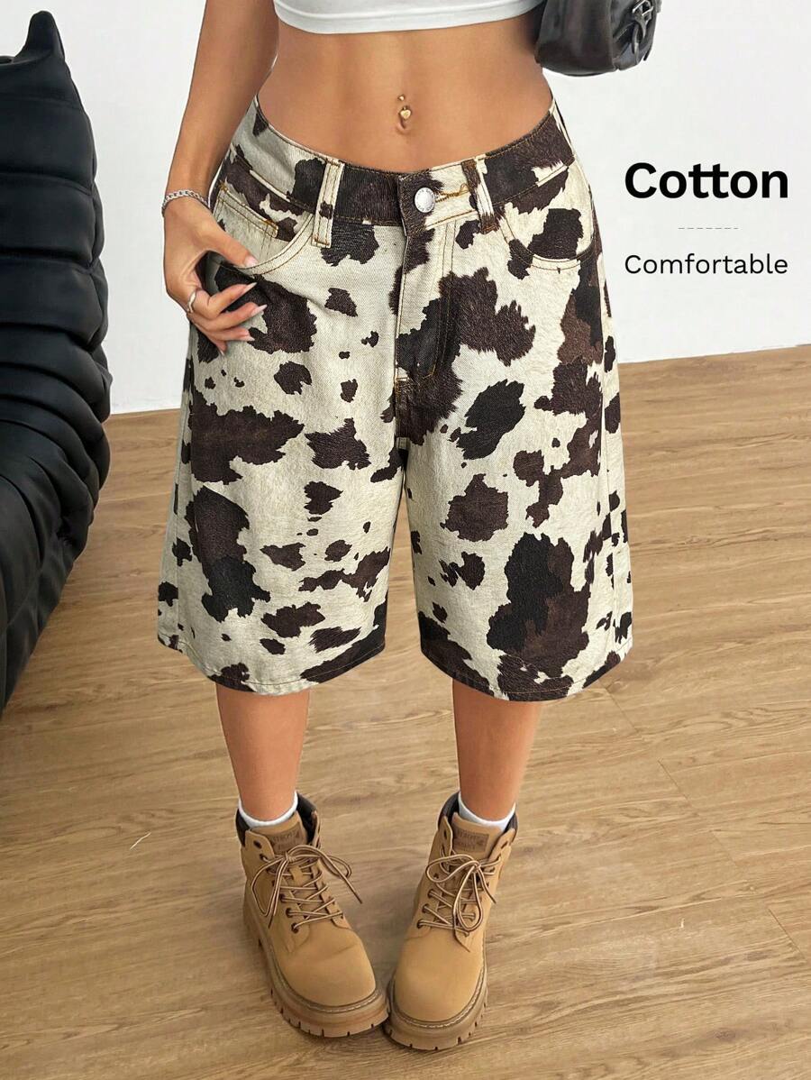 SHEIN EZwear Women's Leopard Print Woven Pocket Casual Versatile Fashion Shorts - Beige - View 1