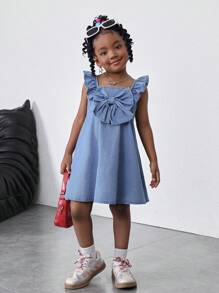 SHEIN Rochie scurtă drăguță din denim albastru pentru fete tinere, cu decorațiuni cu funde mari pe față și mâneci cu frunze de lotus, ținută boho casual de primăvară și vară, pentru vacanță la țară - Spălare ușoară - Vizualizare 5