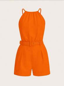 EMERY ROSE Solid Belted Halter Romper For Summer - Orange - View 3