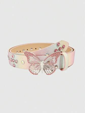Kawaii Cinturón de estiramiento con decoración de mariposa de rhinestone en tonos rosas para mujer, estilo milenio