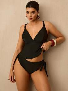 SHEIN VCAY 大码女式夏季海滩度假简约纯色O型环露背侧系带比基尼套装