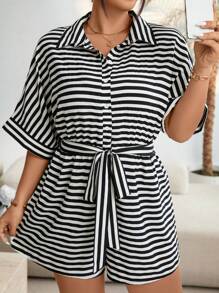 Flirla Plus Size Boho Casual Black And White Stripe Romper, For Summer Travel - Black and White - View 6