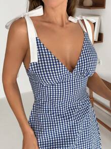 SHEIN Vestido largo de mujer para primavera y verano con hombros con lazo, alegre, para viaje y vacaciones, estampado de cuadriculado, corte evasé