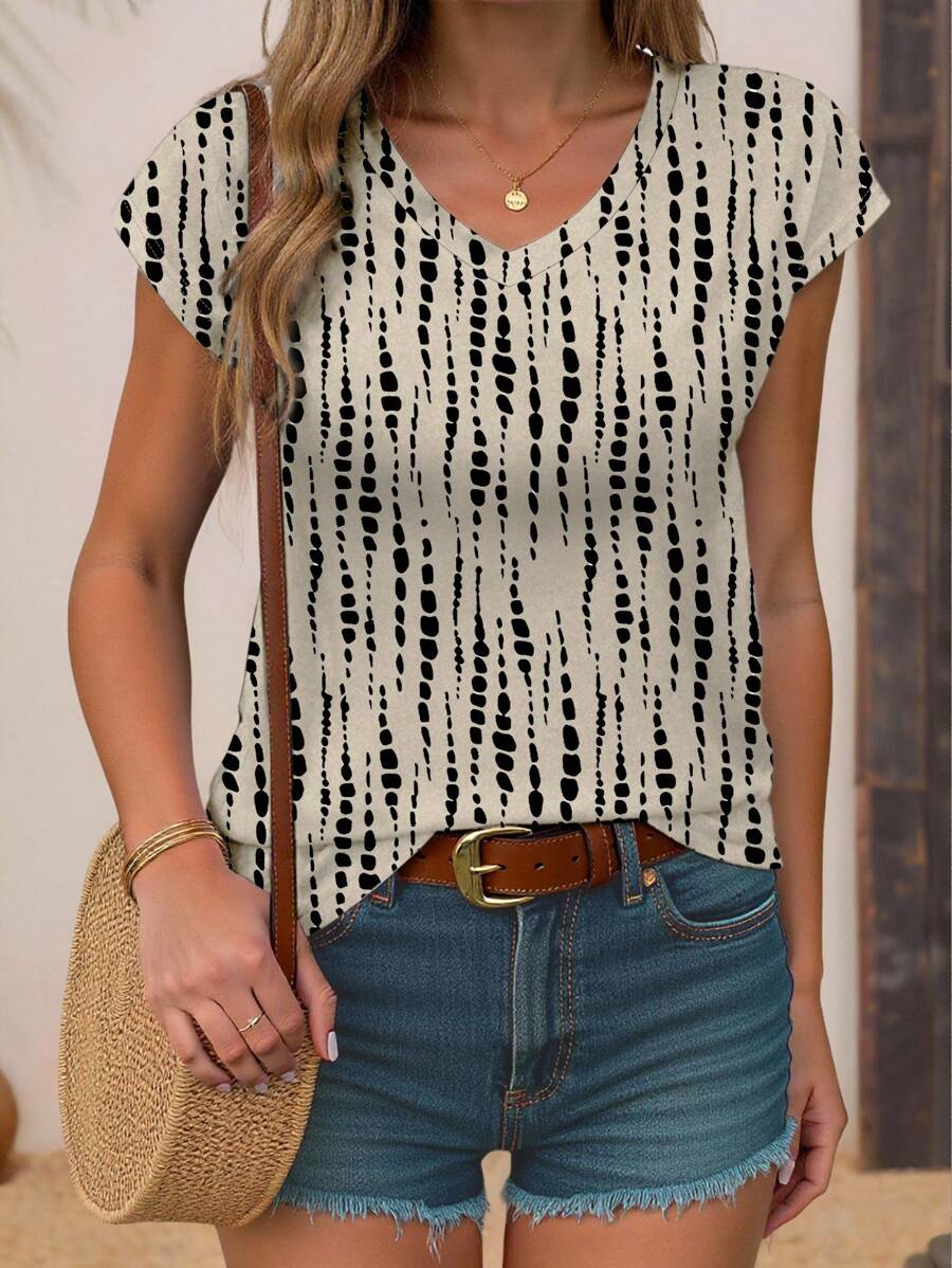 INAWLY 扎染几何条纹印花卡其色V领休闲女式T恤 - 白色 - 查看 1