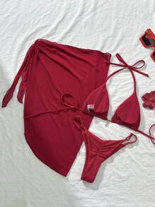 Swim Vcay Bộ 3 Bikini Nữ Mùa Hè Mới Màu Trơn Halter Kim Loại Trang Trí Đầm Đi Biển Đồ Bơi Gợi Cảm - Đỏ - Xem 2