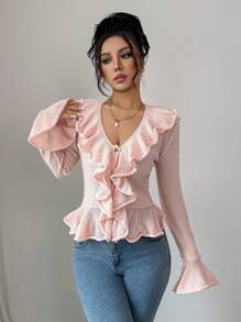 Chiquease Women's Ruffled Single Breasted Bell Sleeve Knitted Cardigan Fall Cloth For Women