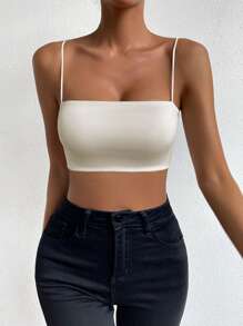 Chiquease Áo hai dây bó sát màu trơn đơn giản cho nữ - Màu be - Xem 3