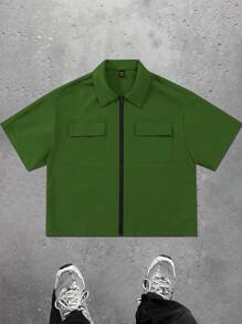 Manfinity Hypemode Men's Casual Solid Color Short Sleeve Shirt For Summer - Green - View 1