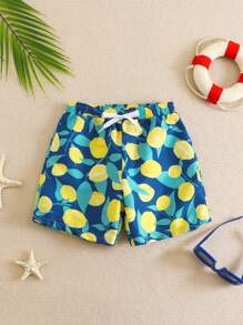 小男孩简约时尚柠檬印花抽绳下摆沙滩短裤，舒适清新设计（爸爸和我搭配，3件分开出售） - 彩色 - 查看 3