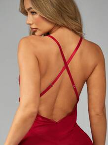 MISSGUIDED Elegant Lace Trimmed Satin Babydoll Nightgown Adjustable Cross Back Strap Lounge Sleep Dress Nightwear Honeymoon Essential Lingerie - Red - View 8