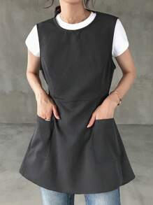 FRIFUL Blusa casual sin mangas con cuello redondo, cintura ceñida, cremallera trasera y espalda descubierta, color gris oscuro sólido, para negocios, graduación y vacaciones - Gris Oscuro - Ver 6