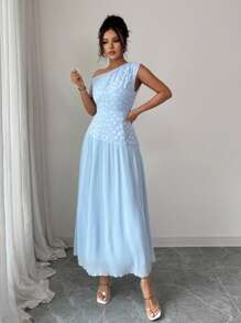 Modelyn 女式提花拼接雪纺不对称肩部夏季连衣裙 - 藍色 - 查看 3