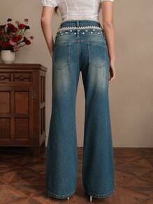 SHEIN Unity Fashion Women Straight Leg Floor Length Denim Jeans - Blue - View 3