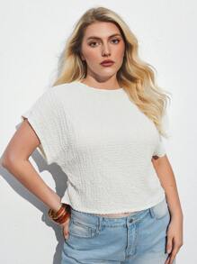 Maija Plus Size Women White Round Neck Casual Short Cap Sleeve Pleated Waist T-Shirt Romantic, Fashion, Versatile; Suitable For Summer Vacation, Comfortable, Stylish, Elegant, Casual, , Simple Daily Wear, Country Style, Essential, Solid Color, Holiday Casual, Decent, Single Lady, Ideal For Vacation Elegant Fashion Business Casual Woman Going Out Tops Graduation Going Out Tops Women Plus Size Cropped Tops Plus Size S Curvy Tops Plus Size Textured Tops Plus Size White Tops Fall Women Clothes Autumn Clothes - Beige - View 4