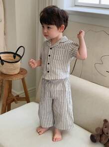Hapijoa Conjunto de pijamas de manga curta com gola listrada casual para meninos, 2 peças, roupas de verão para casa