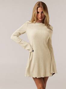 SHEIN Forever 21 1pc Women Casual Solid Color Elegant Flare Sleeve Dress, Spring/Summer - Apricot - View 7