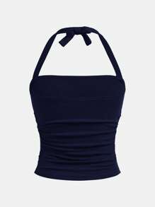 SHEIN Girlism 青少年女孩春夏街头百搭日常百搭青少年休闲度假露背褶饰弹性蝴蝶结修身短款上衣 - 藏蓝色 - 查看 2