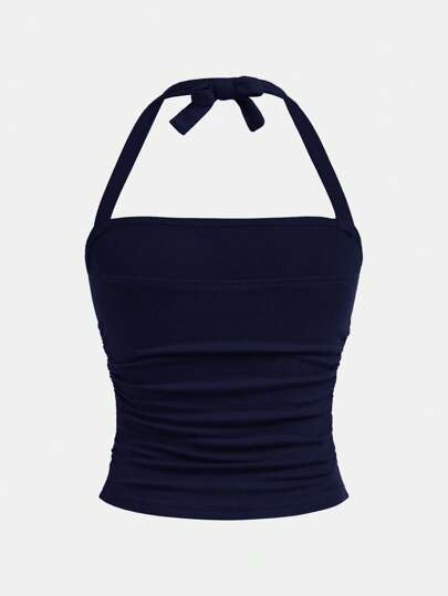 SHEIN Girlism Teen Girls' Spring & Summer Street, All-Match, Everyday, Versatile, Teens' Casual Vacation Halter Ruched Elastic Bow Slim Fit Cropped Top Navy Blue Tube Top Navy Blue Swimsuit Tube Top With Bra Halter Top Tankini Swimsuit Top