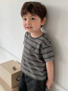 Hapijoa 幼儿男童休闲圆领条纹皮革标签装饰短袖T恤 - 灰色 - 查看 2