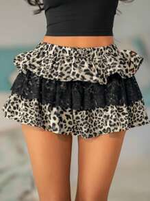 SHEIN SXY Women's Summer Street Fashion Lace Patchwork Leopard Print Ruffle Hem A-Line Skirt,Y2k,Cheetah Print,Club Sexy,Club,Skorts,Summer Holiday,Easy Comfort,Vacay Vibes - Multicolor - View 4