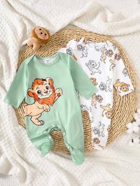 SHEIN Set de 2 piezas Mamelucos unisex para recién nacidos/bebés/niños con estampado lindo de león, suave y cómodo de manga larga, versátil para uso diario, fiestas de cumpleaños, fotografía, todas las estaciones