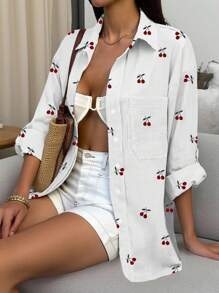 INAWLY Áo thun nữ in họa tiết quả anh đào đi nghỉ thường ngày - trắng - Xem 5