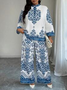 Elenzga 加大码女式衬衫长袖圆领纽扣领定位印花和直筒裤优雅休闲装 - 彩色 - 查看 6