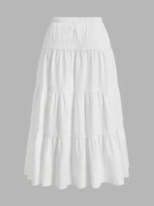 SHEIN EZwear Plus Size Loose Fit Váy xếp tầng màu trắng dài đến đầu gối Váy mùa hè - trắng - Xem 2