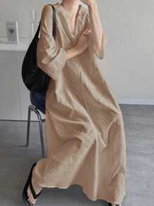 FRIFUL 女士全蕾丝刺绣袖口网纱刺绣 A 字中长连衣裙，纯色度假休闲连衣裙，适合音乐节、毕业典礼亚麻长裙长裙丝质连衣裙韩版连衣裙秋季连衣裙刺绣连衣裙夏季连衣裙宽松连衣裙长袖连衣裙 - 卡其色 - 查看 1