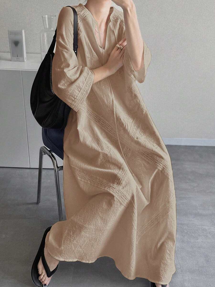 FRIFUL 女士全蕾丝刺绣袖口网纱刺绣 A 字中长连衣裙，纯色度假休闲连衣裙，适合音乐节、毕业典礼亚麻长裙长裙丝质连衣裙韩版连衣裙秋季连衣裙刺绣连衣裙夏季连衣裙宽松连衣裙长袖连衣裙 - 卡其色 - 查看 1