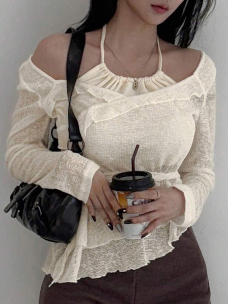 Women Strap Patchwork Ruffle Hem Design Fitted Blouse T-Shirt Long Sleeve Women Tops