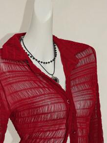SHEIN ICON 女士性感纯色透视长袖开衫衬衫 - 紅色 - 查看 6