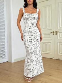 INAWLY Women Casual Vacation Polka Dot Cinched Waist Fitted Slip Dress