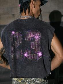 AXEPEAK Camiseta sin mangas de cuello redondo, holgada, con estampado numérico para hombres - Negro - Ver 2
