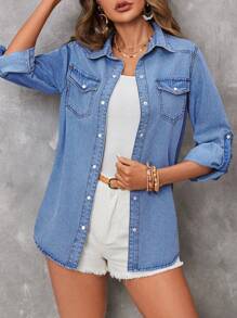 EMERY ROSE 女式单排扣卷袖宽松牛仔休闲上衣