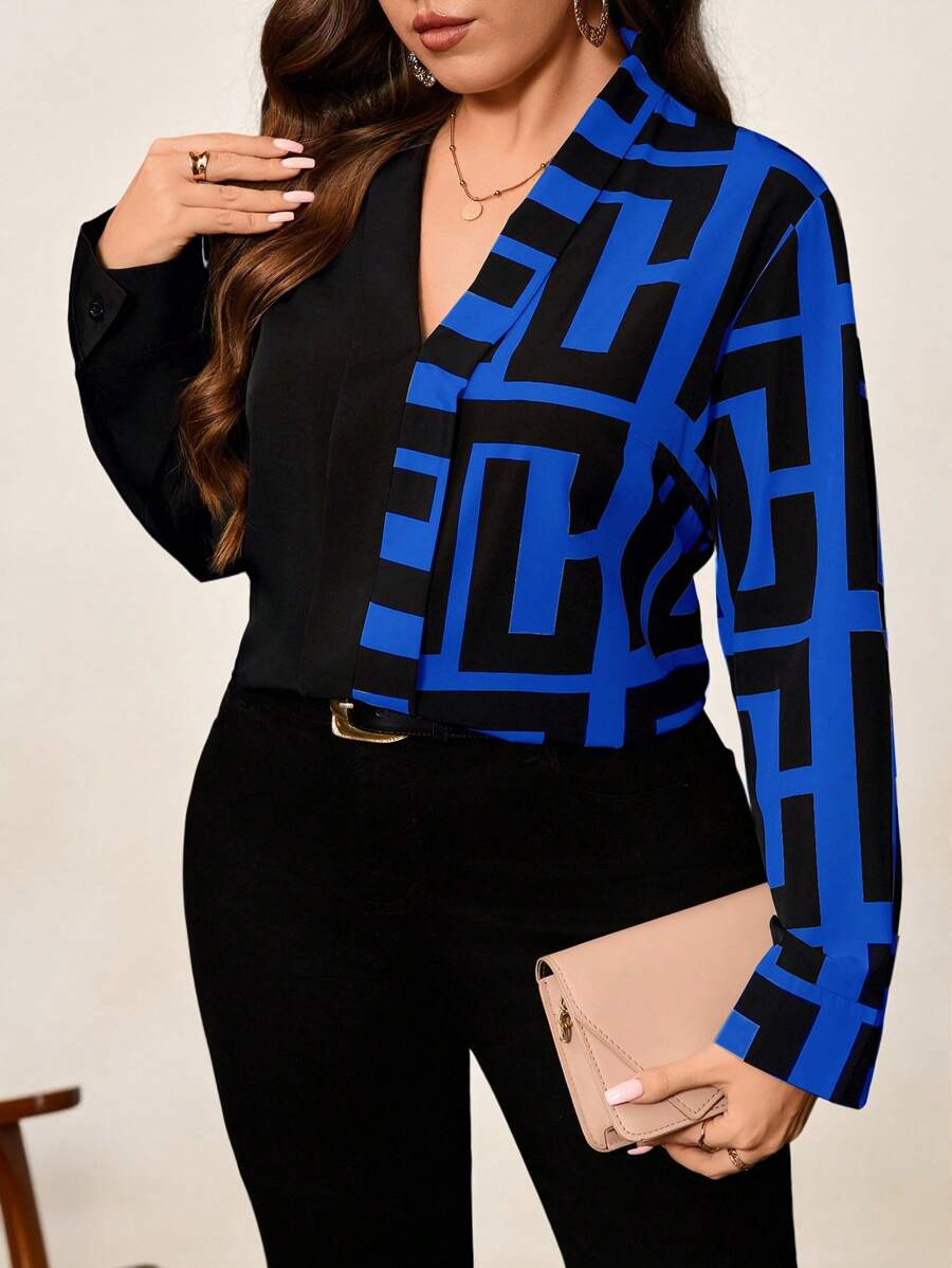 Chikora Camisa de manga larga de estilo casual de negocios para mujer con estampado geométrico de bloques de color en talla grande