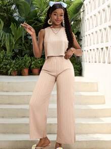 SHEIN Round Neck Camisole And Pants Set In Polyester For Teen Girls' Stylish Getaways Women Two Piece Sets Summer Two Piece Set Vacation Two Piece Set Two Piece Pants Set Casual Two Piece Set - Apricot - View 6