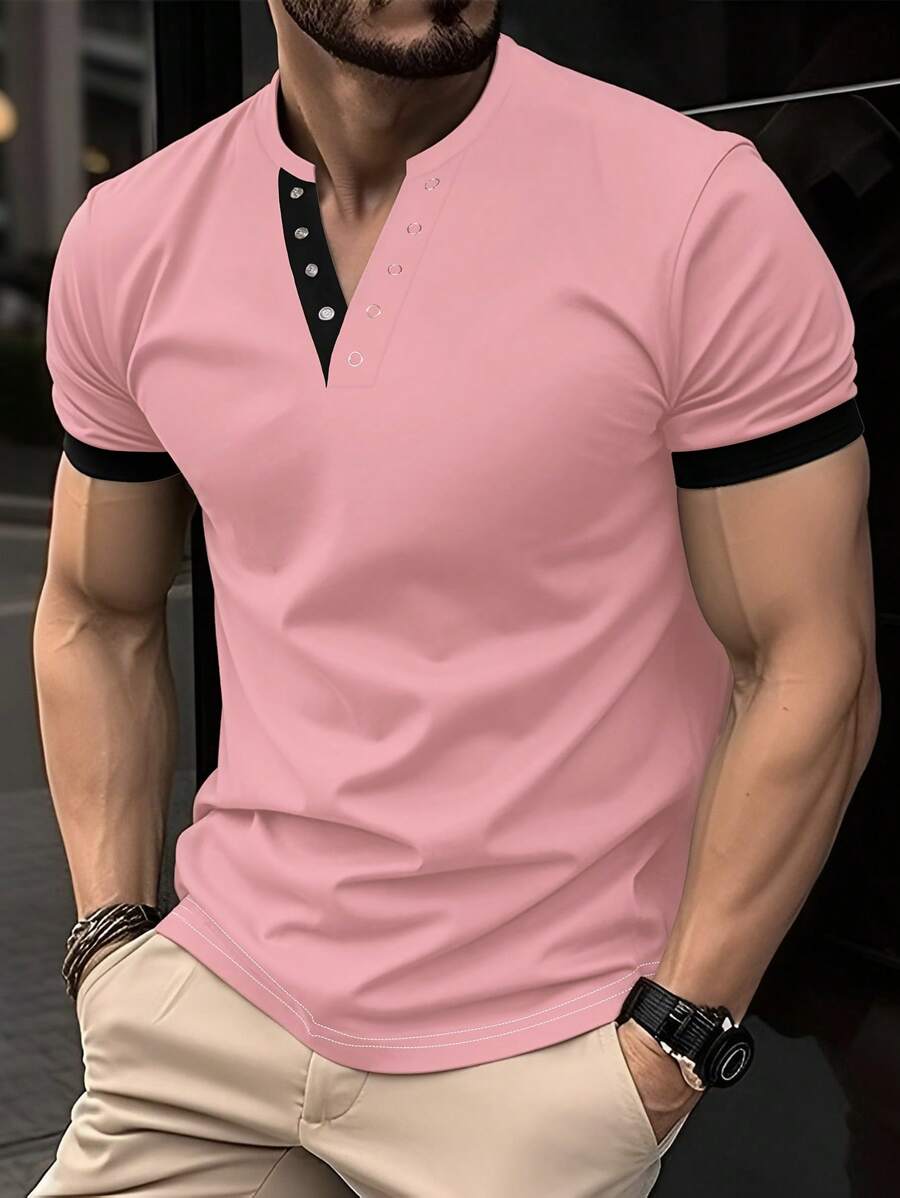 Manfinity Homme Áo thun nam tay ngắn đơn giản màu khối đơn giản - Màu Hồng baby - Xem 1