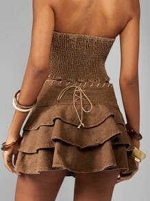 MISSGUIDED 西部风情系带层叠荷叶边两件套 Festival Prairie 套装，含紧身胸衣上衣和层叠迷你裙 - 棕色 - 查看 2