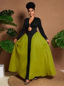 Maweii 大码女式长袖性感V领金属纽扣条纹拼接喇叭下摆休闲/工作连衣裙，秋冬 - 彩色 - 查看 3