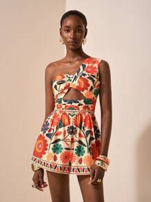 2025新款夏季休闲度假日常约会沙滩派对单肩露肩收腰款式A字阔腿裤短裤全长花朵复古印花杏色底 - 彩色 - 查看 3