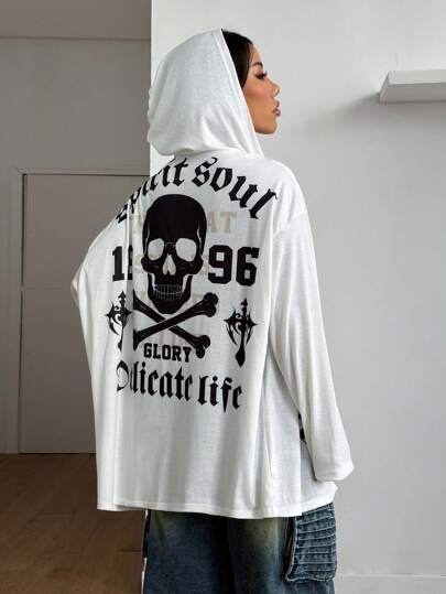 StreetHx Women Punk Style Print Sheer Long Sleeve Hooded Jacket Fall Winter Cloth For Women