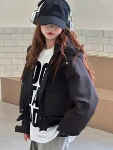 DAZY Teens (Girls) Hooded Casual Loose Winter Korean Style Solid Color Long Sleeve Padded Coat - Black - View 1