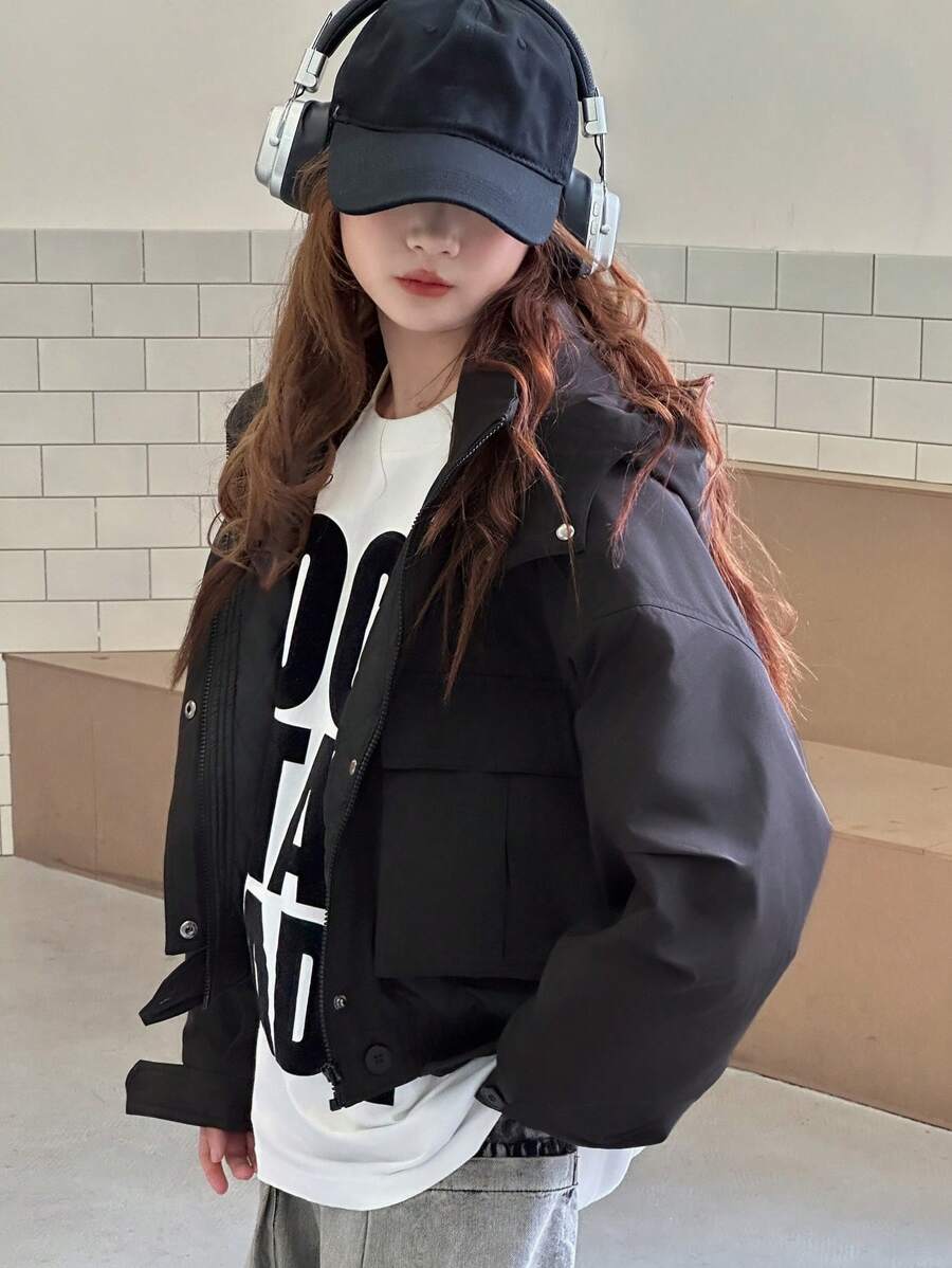 DAZY Teens (Girls) Hooded Casual Loose Winter Korean Style Solid Color Long Sleeve Padded Coat - Black - View 1