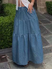 DAZY 女士弹力腰带多层荷叶边休闲牛仔中长裙 - 藍色 - 查看 4