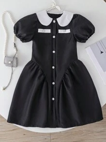 Vestido de Moda com Gola Peter Pan, Manga Bufante e Amarração na Cintura, Azul, para Meninas Pré-Adolescentes, Verão - Preto - Visão 1