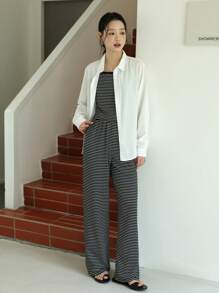 Bộ 3 món: Áo sơ mi thoải mái + Áo ba lỗ sọc đen trắng + Quần ống đứng ống rộng cạp cao, trang phục thường ngày ở nhà - Nhiều màu - Xem 1
